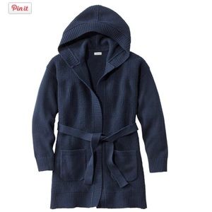 L.L. Bean Women’s Navy All-Day Waffle Sweater, Hooded Wrap Cardigan Size Large
